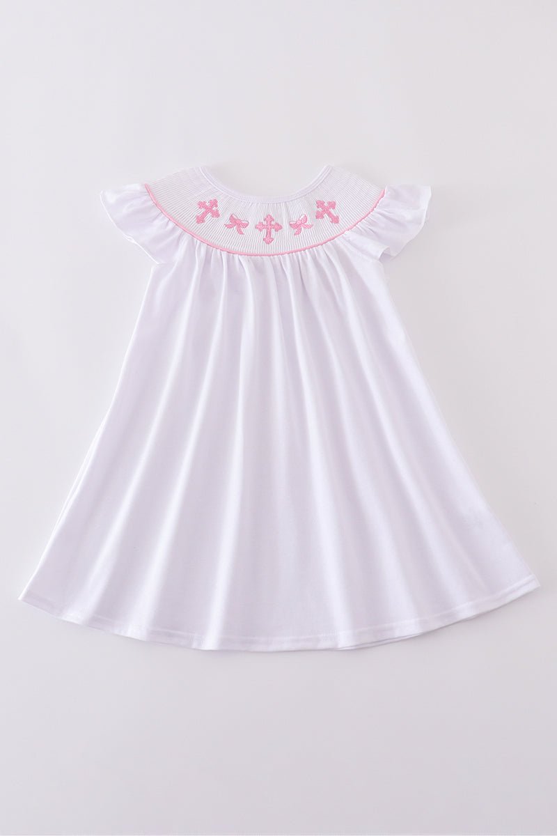 🌸 Girls White Sunday Best Dress with Pink Cross Embroidery – Faith - Inspired Flutter Sleeve Dress - Blue Marc