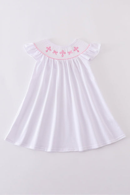 🌸 Girls White Sunday Best Dress with Pink Cross Embroidery – Faith - Inspired Flutter Sleeve Dress - Blue Marc