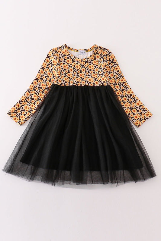 🌼 Girls Yellow Floral Long Sleeve Dress with Black Tulle Skirt – Party Dress - Blue Marc