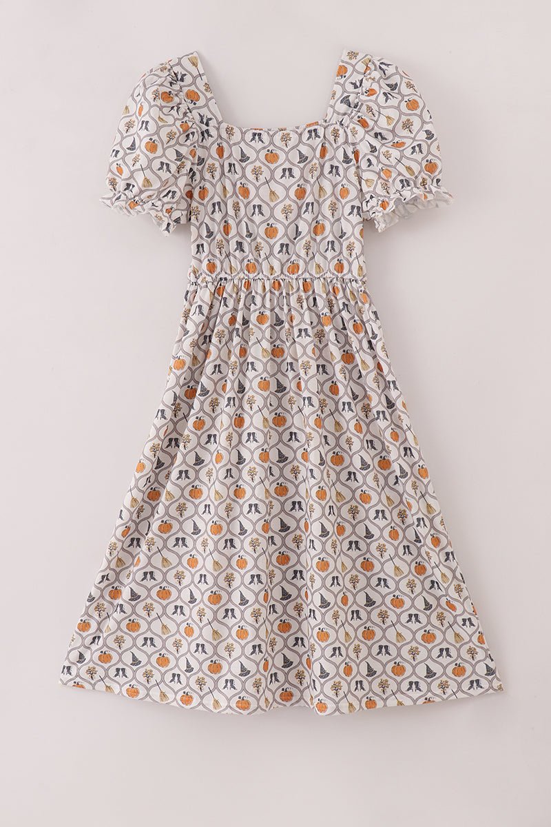 Halloween Smocked Mommy Dress with Pumpkins & Witchy Details - Blue Marc