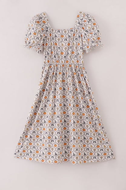 Halloween Smocked Mommy Dress with Pumpkins & Witchy Details - Blue Marc