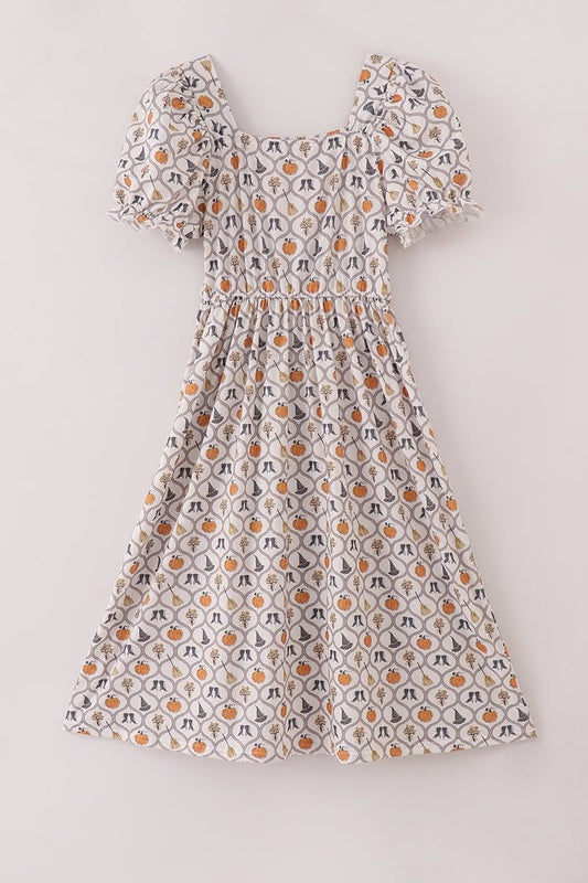 Halloween Smocked Mommy Dress with Pumpkins & Witchy Details - Blue Marc