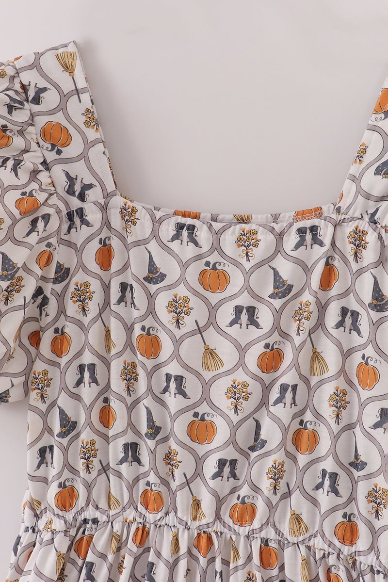 Halloween Smocked Mommy Dress with Pumpkins & Witchy Details - Blue Marc