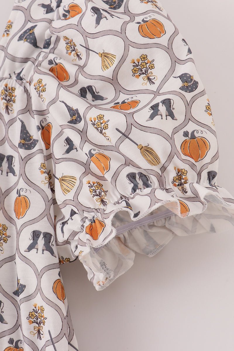 Halloween Smocked Mommy Dress with Pumpkins & Witchy Details - Blue Marc