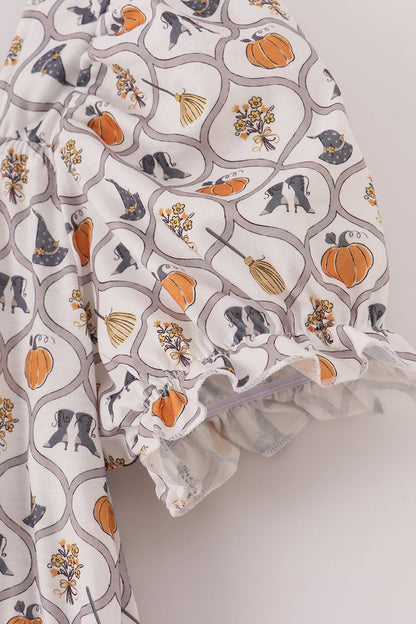 Halloween Smocked Mommy Dress with Pumpkins & Witchy Details - Blue Marc