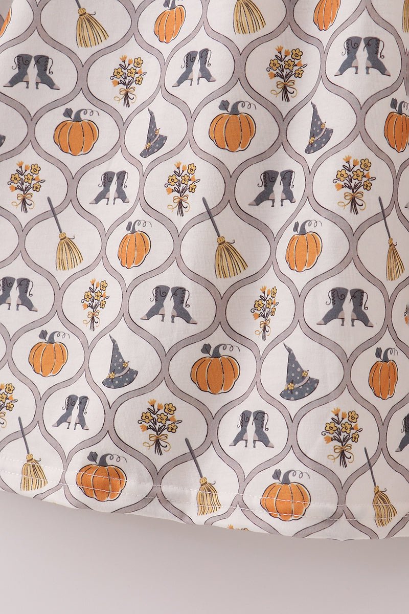 Halloween Smocked Mommy Dress with Pumpkins & Witchy Details - Blue Marc