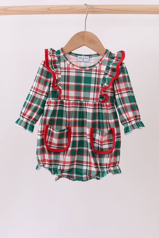 Holiday Cheer Plaid Baby Girl Romper – Red & Green Ruffle Trim - Blue Marc