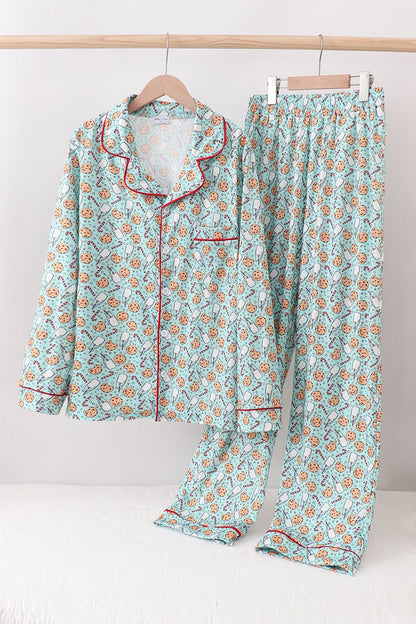 Holiday Pajama Set for Women – Cookies, Candy Cane & Milk Print - Blue Marc