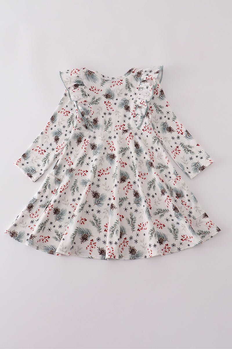 Holly Berry Long Sleeve Ruffle Holiday Dress – Girls - Blue Marc