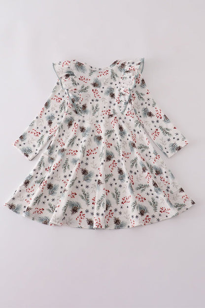 Holly Berry Long Sleeve Ruffle Holiday Dress – Girls - Blue Marc