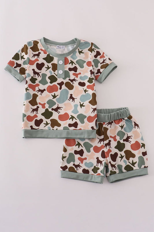 Hunt & Play Boys Camo Dog Print Set – 2 - Piece Summer Outfit - Blue Marc