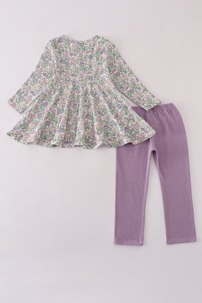 Lavender Floral Peplum Top & Leggings Set – Girls Fall Outfit - Blue Marc
