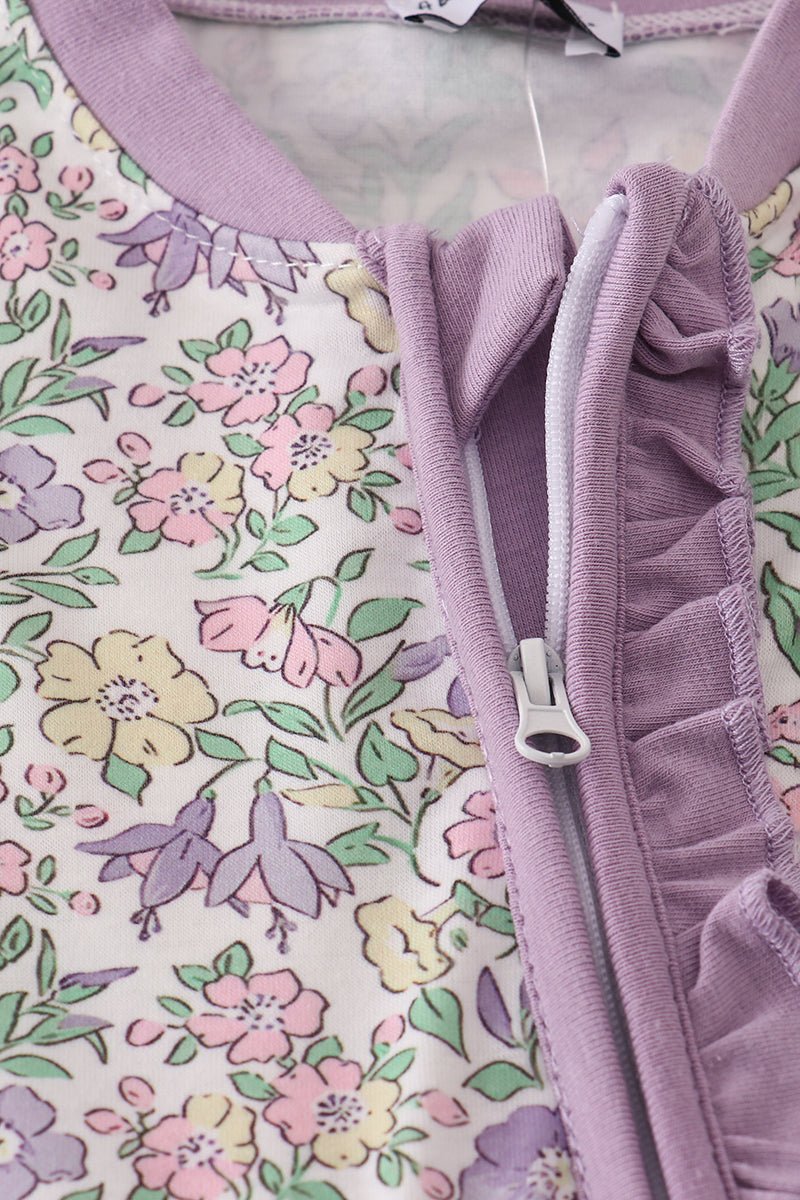 Lavender Garden Baby Girl Zip Romper with Ruffle Trim - Blue Marc