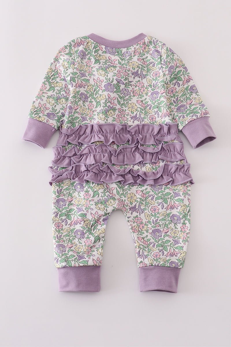 Lavender Garden Baby Girl Zip Romper with Ruffle Trim - Blue Marc