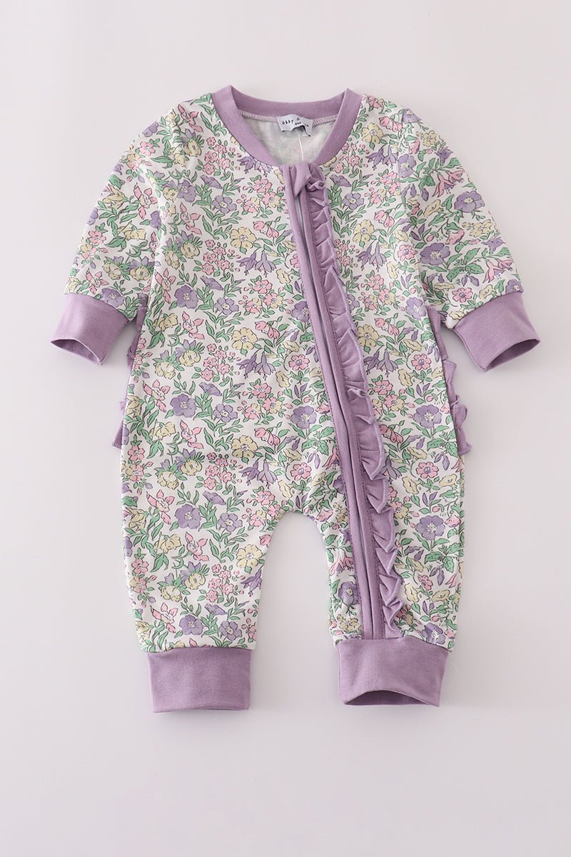 Lavender Garden Baby Girl Zip Romper with Ruffle Trim - Blue Marc