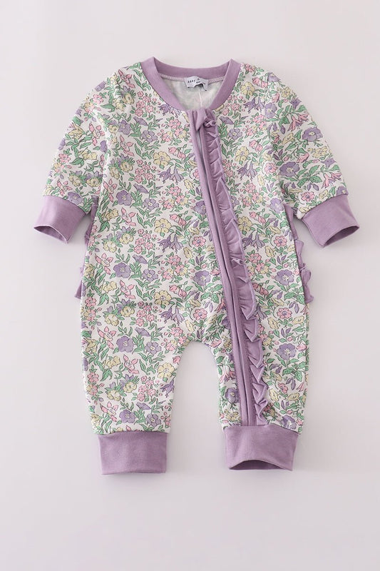 Lavender Garden Baby Girl Zip Romper with Ruffle Trim - Blue Marc