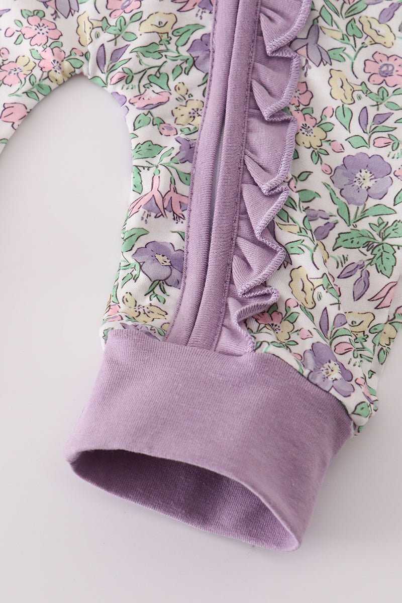 Lavender Garden Baby Girl Zip Romper with Ruffle Trim - Blue Marc