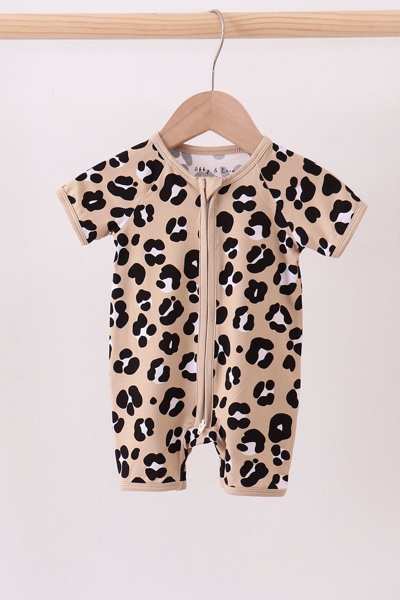 Leopard Print Baby Girl Romper – Short Sleeve Zip - Up Bodysuit - Blue Marc