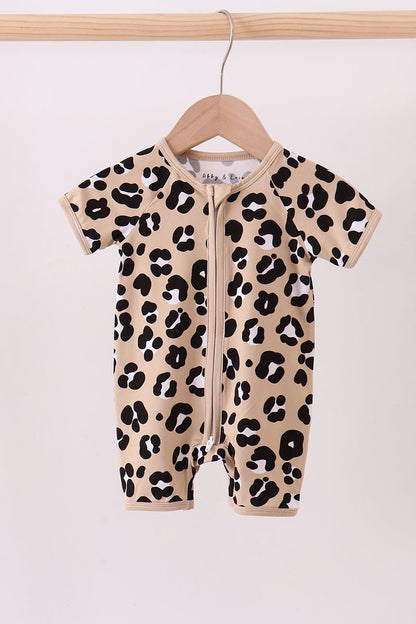 Leopard Print Baby Girl Romper – Short Sleeve Zip - Up Bodysuit - Blue Marc