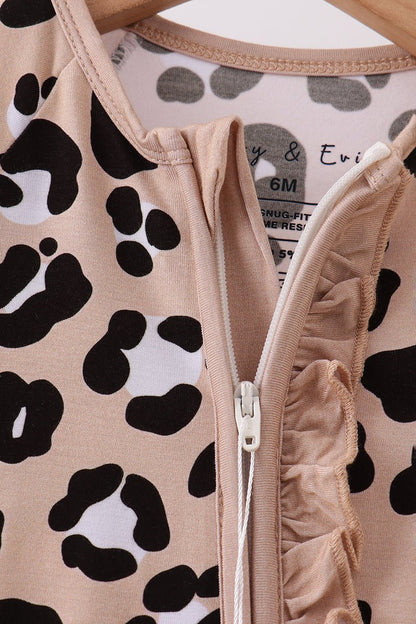 Leopard Print Baby Girl Romper with Ruffle Zipper – Soft Long Sleeve Jumpsuit - Blue Marc