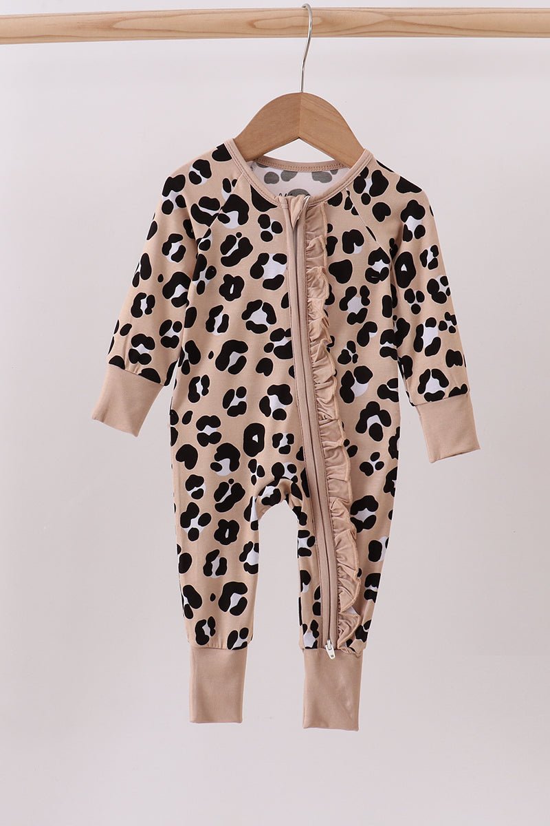 Leopard Print Baby Girl Romper with Ruffle Zipper – Soft Long Sleeve Jumpsuit - Blue Marc