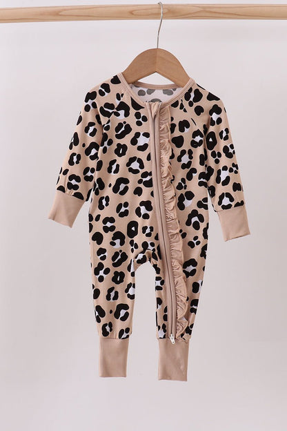 Leopard Print Baby Girl Romper with Ruffle Zipper – Soft Long Sleeve Jumpsuit - Blue Marc