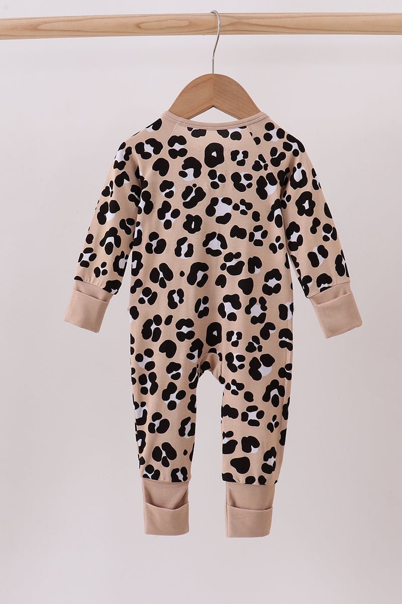 Leopard Print Baby Girl Romper with Ruffle Zipper – Soft Long Sleeve Jumpsuit - Blue Marc