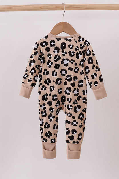 Leopard Print Baby Girl Romper with Ruffle Zipper – Soft Long Sleeve Jumpsuit - Blue Marc
