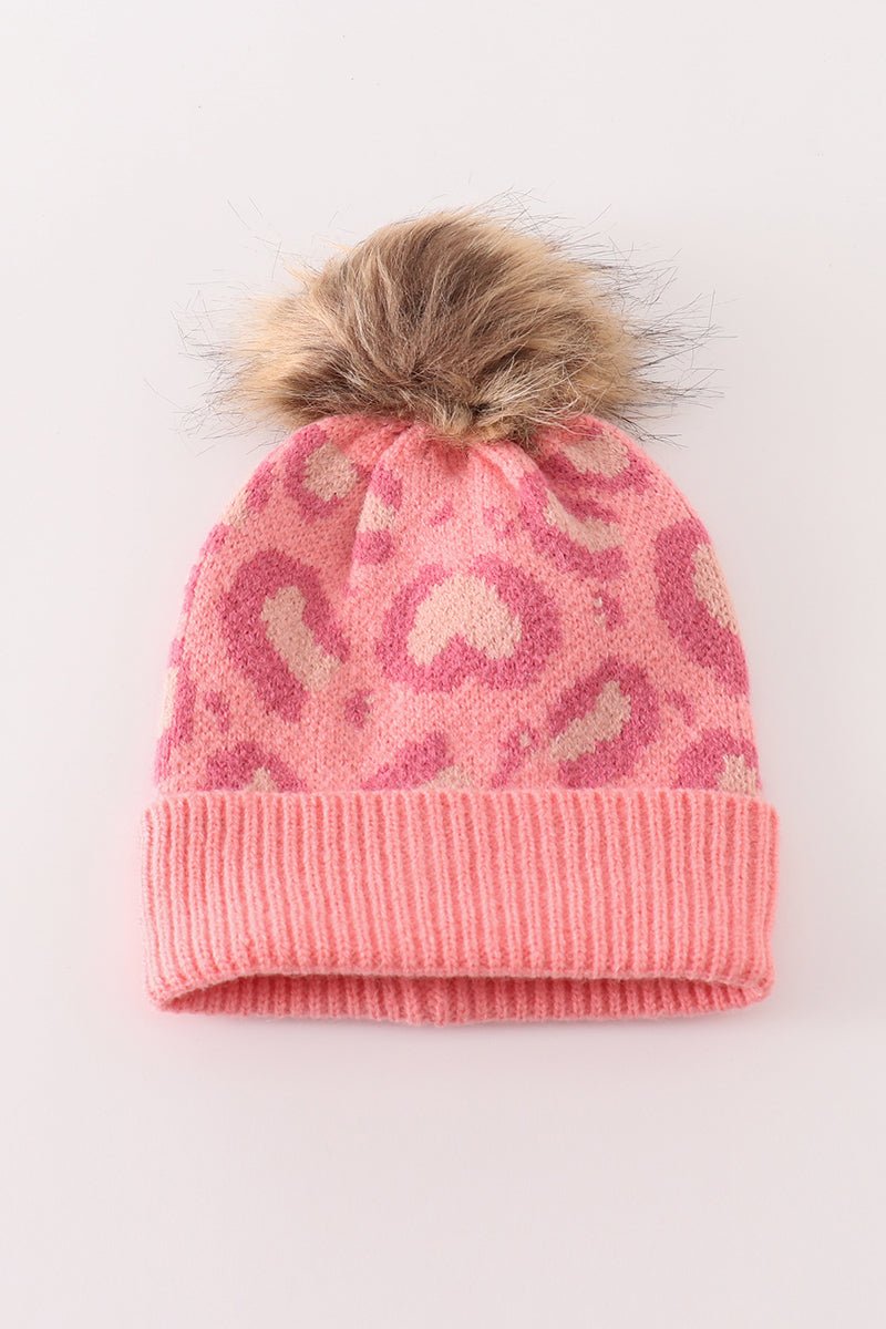 Leopard Print Knit Beanies with Faux Fur Pom – Stylish Winter Hats for Kids and Adults - Blue Marc