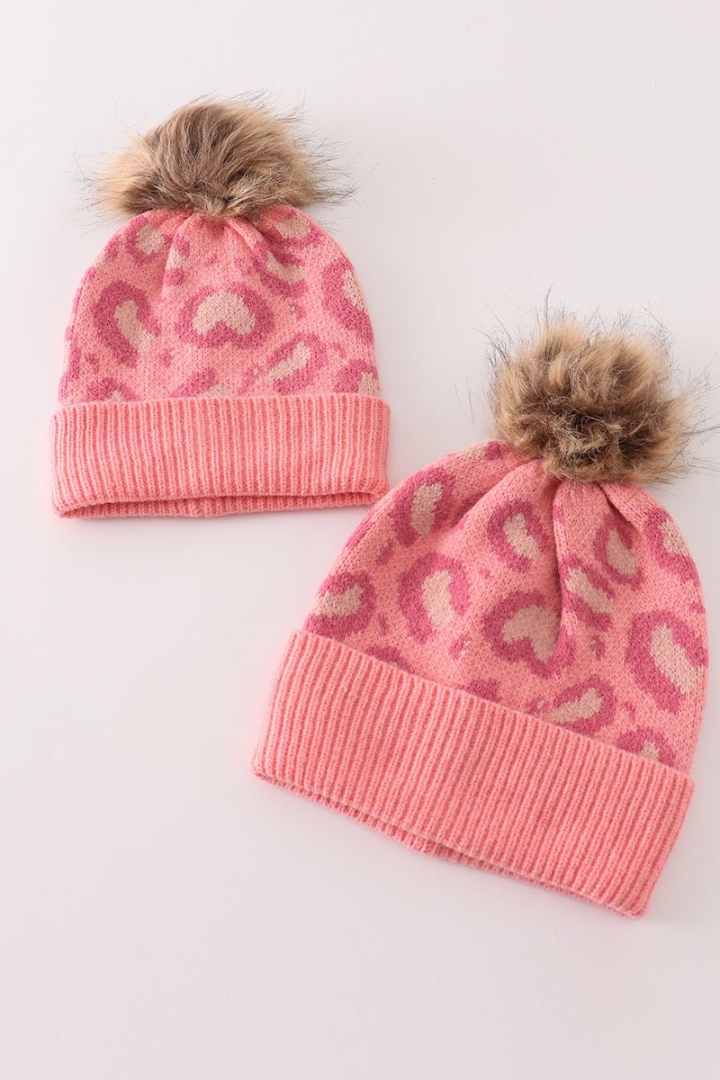 Leopard Print Knit Beanies with Faux Fur Pom – Stylish Winter Hats for Kids and Adults - Blue Marc