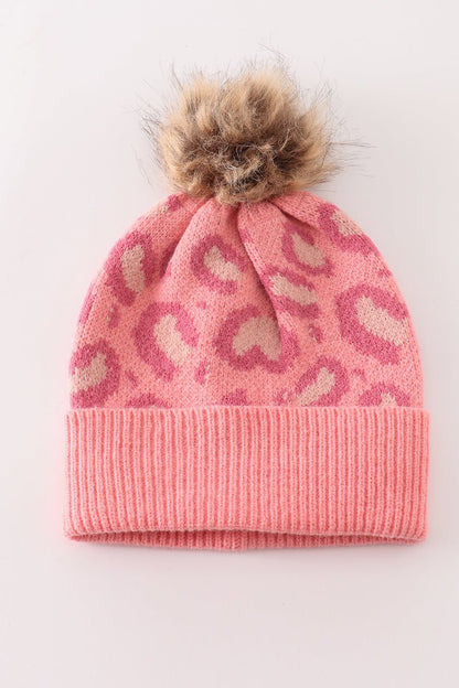 Leopard Print Knit Beanies with Faux Fur Pom – Stylish Winter Hats for Kids and Adults - Blue Marc