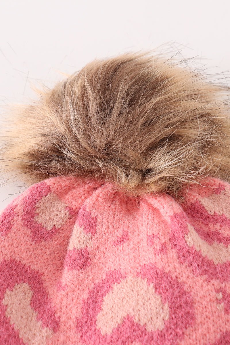 Leopard Print Knit Beanies with Faux Fur Pom – Stylish Winter Hats for Kids and Adults - Blue Marc