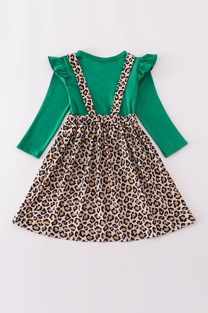 Leopard Print Suspender Skirt & Green Top Set for Girls - Blue Marc