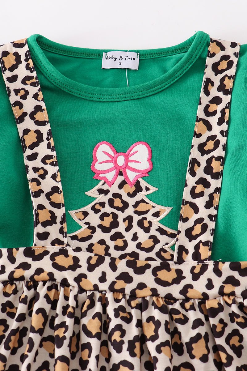 Leopard Print Suspender Skirt & Green Top Set for Girls - Blue Marc