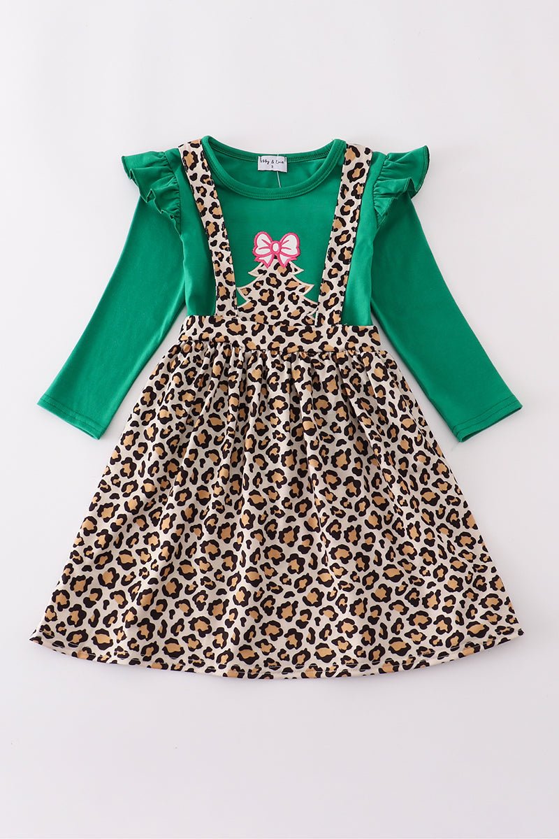 Leopard Print Suspender Skirt & Green Top Set for Girls - Blue Marc
