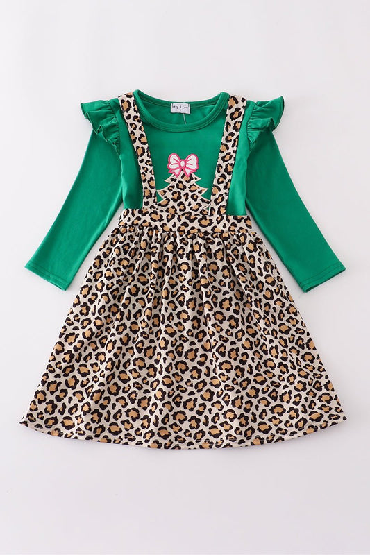 Leopard Print Suspender Skirt & Green Top Set for Girls - Blue Marc