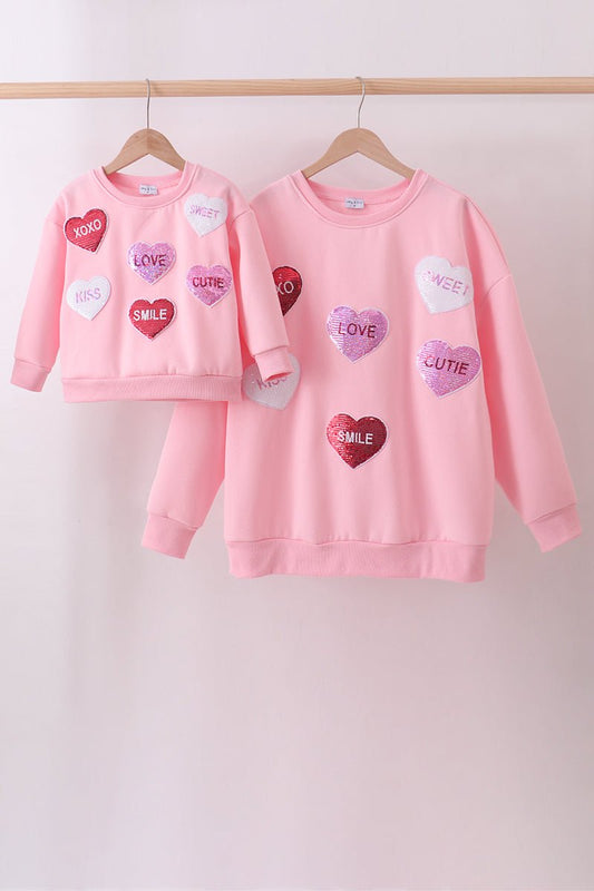Matching Mommy & Me Valentine’s Sweatshirts – Pink Heart Print Love Set - Blue Marc