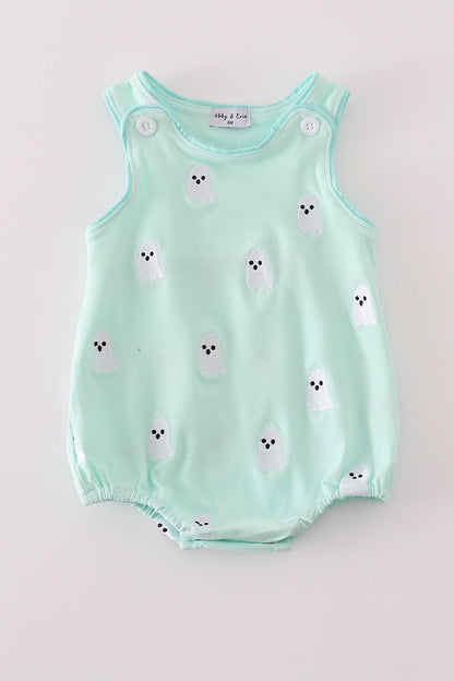 Mint Green Ghost Print Baby Boy Romper – Halloween Sleeveless - Blue Marc