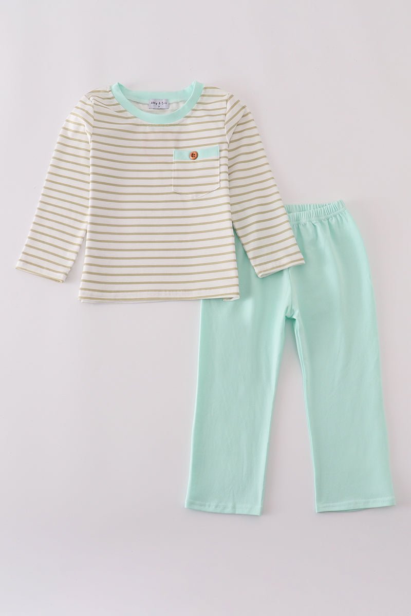 Mint Stripe Bear Pocket Boys 2 - Piece Lounge Set - Blue Marc