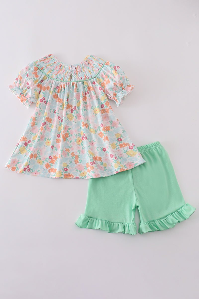 Minty Bloom Girls’ Floral Peasant Top & Ruffle Shorts Set – Springtime Sweetness - Blue Marc