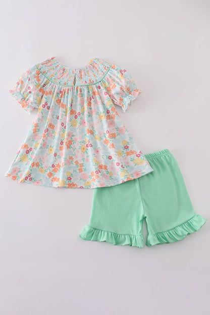 Minty Bloom Girls’ Floral Peasant Top & Ruffle Shorts Set – Springtime Sweetness - Blue Marc