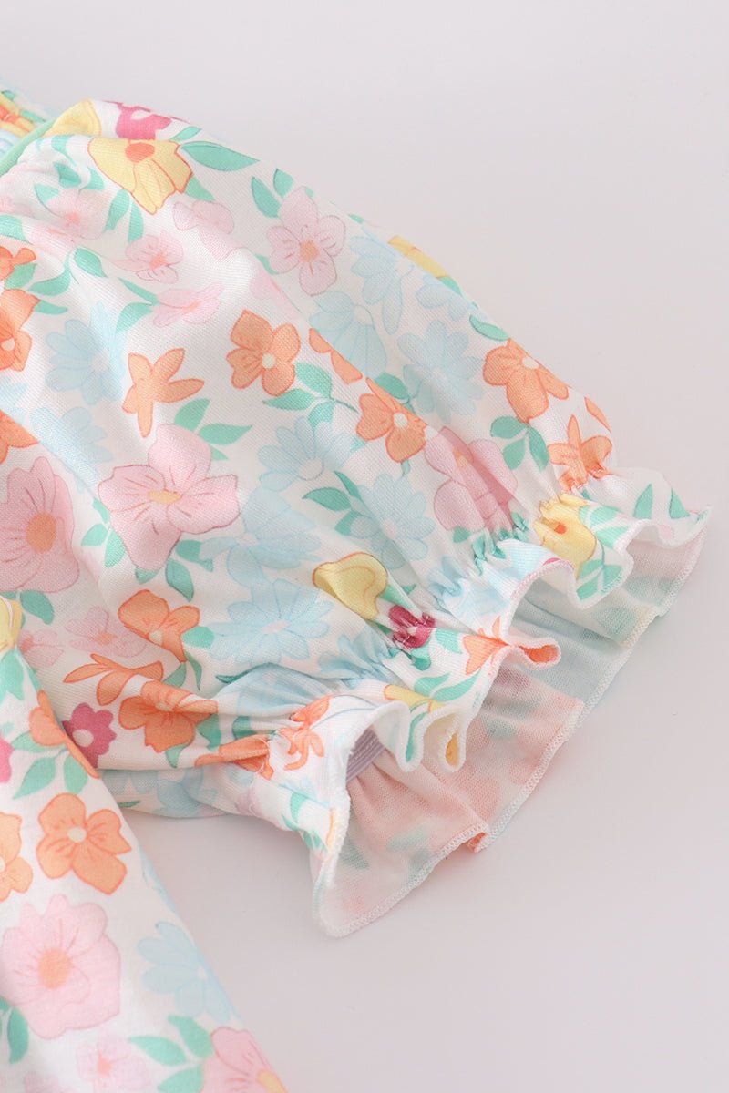 Minty Bloom Girls’ Floral Peasant Top & Ruffle Shorts Set – Springtime Sweetness - Blue Marc