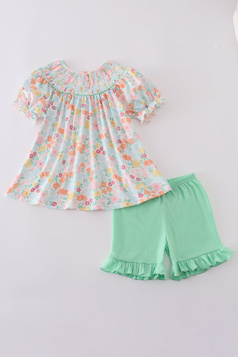 Minty Bloom Girls’ Floral Peasant Top & Ruffle Shorts Set – Springtime Sweetness - Blue Marc