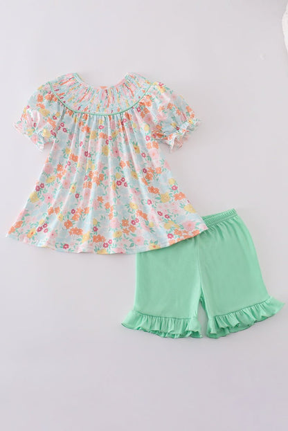 Minty Bloom Girls’ Floral Peasant Top & Ruffle Shorts Set – Springtime Sweetness - Blue Marc