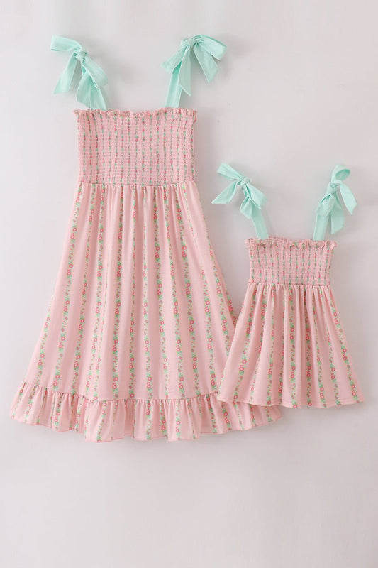 Mommy and Me Matching Pink Floral Dresses – Smocked Sundress Set with Bow Straps - Blue Marc