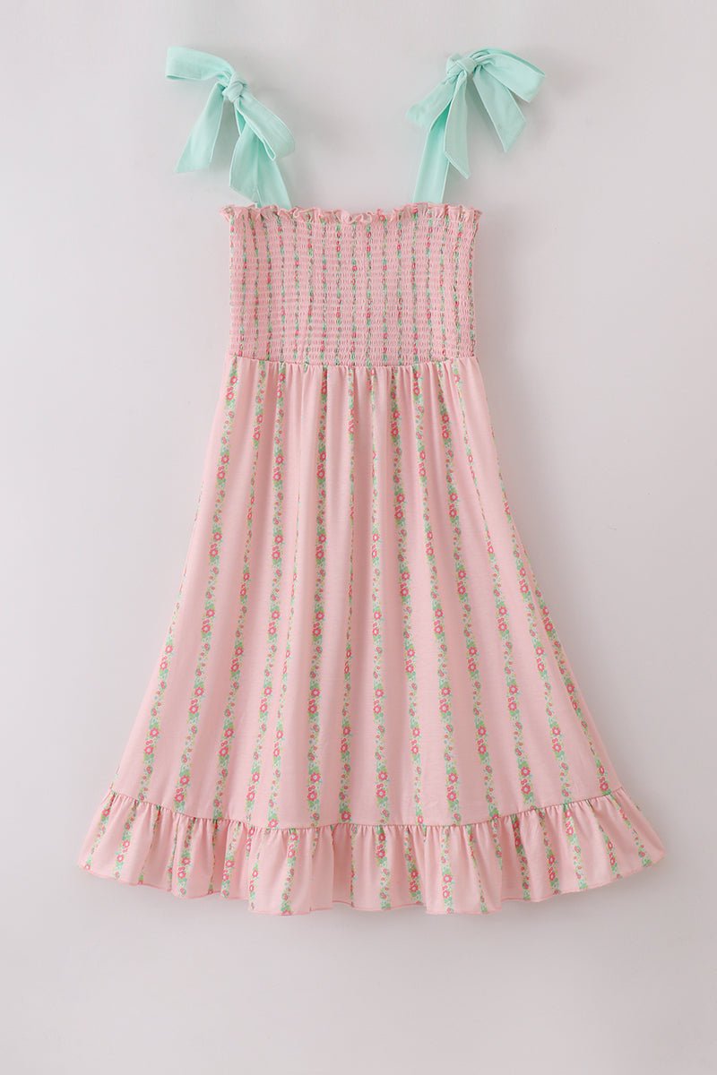 Mommy and Me Matching Pink Floral Dresses – Smocked Sundress Set with Bow Straps - Blue Marc
