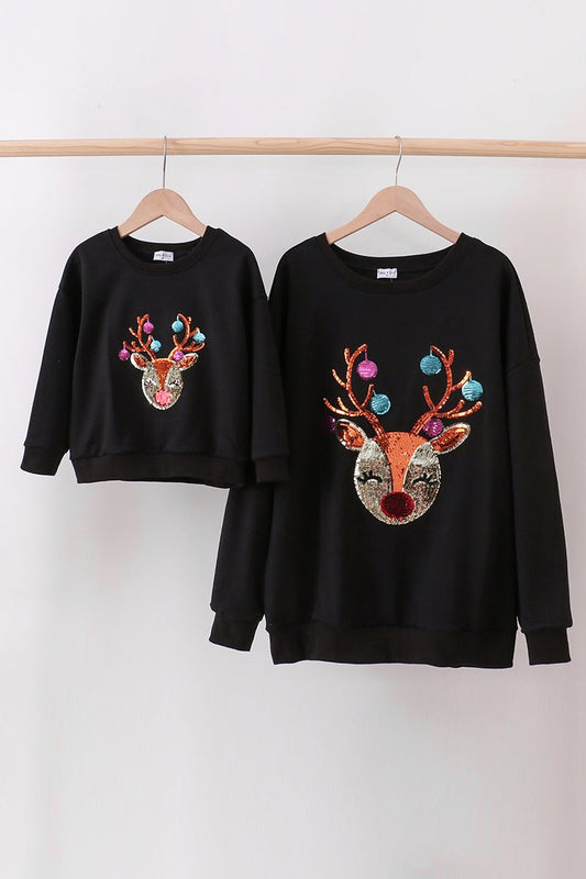 Mommy and Me Reindeer Holiday Sweatshirt Set – Black - Blue Marc
