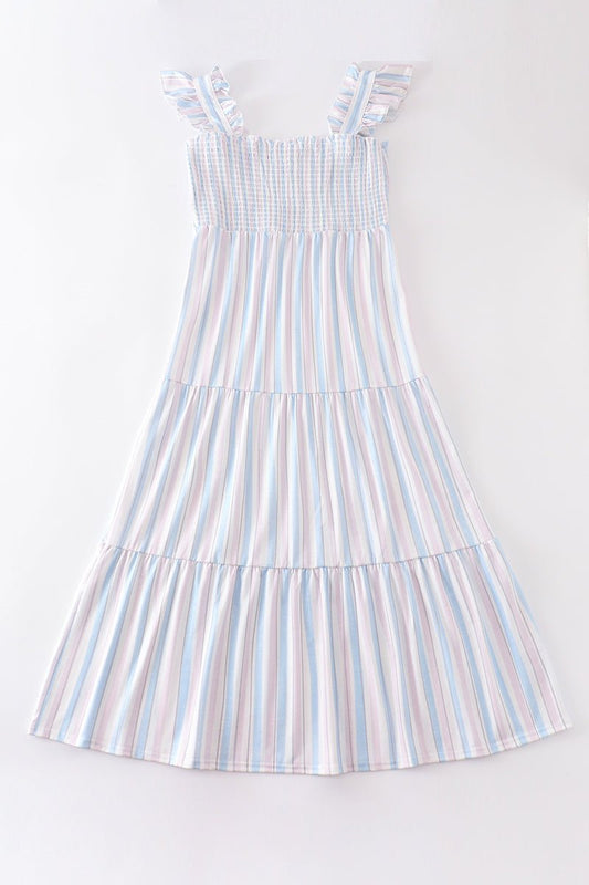 Mommy Glam Pastel Stripe Maxi Dress – Elegant Tiered Summer Dress - Blue Marc