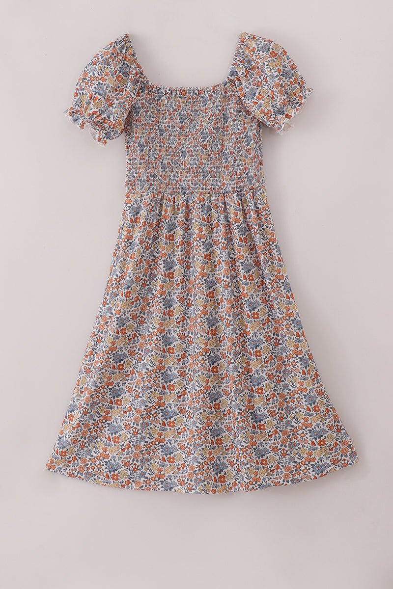 Mommy & Me Fall Floral Maxi Dress – Puff Sleeve Autumn Print - Blue Marc
