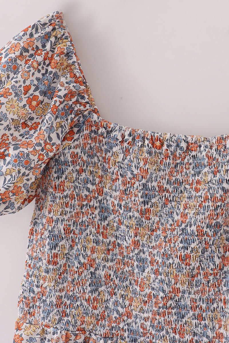 Mommy & Me Fall Floral Maxi Dress – Puff Sleeve Autumn Print - Blue Marc